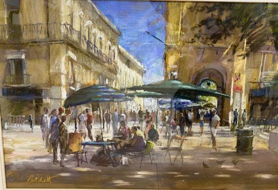 John Patchett (1946-), pastel, Street Hawkers outside St Johns Cathedral, Malta, signed, 33 x 50cm